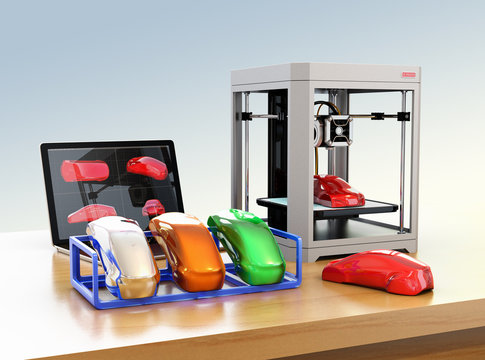 3D printer, laptop and product color samples. CMF(Color, Material and Finish) design process concept. 3D rendering image.
