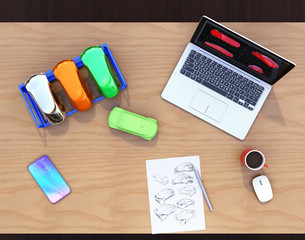 Laptop, design sketch and product color samples. Product design process concept. 3D rendering image.