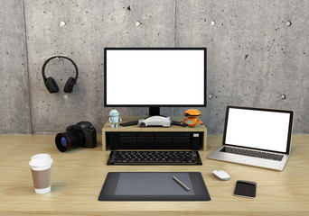 Fototapeta premium Graphic designer desktop with DSLR camera,laptop PC and bezel-less monitor with blank space. 3D rendering image.