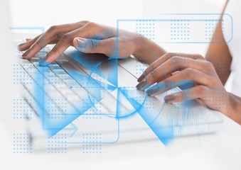 Hands on laptop with blue interface