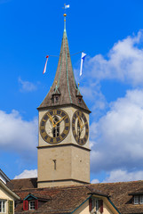 Clock tower of the St. Peter Church in Zurich, Switzerland - a well-known landmark of the city