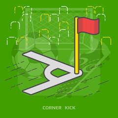 Flat illustration of soccer pitch corner with flag. Flat design of part of football field for corner kick. Best vector illustration about soccer, sports game, championship, gameplay, etc