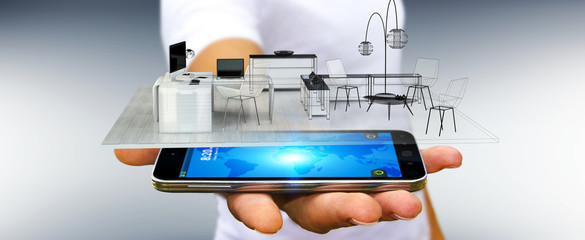 Businessman holding white 3D rendering apartment