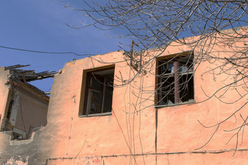 Destroyed building. Morning after the shelling.