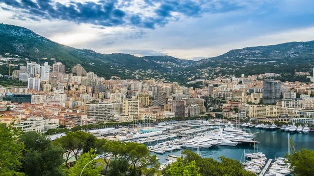 Monaco architecture and luxury yacht club, amazing mountains around, time-lapse