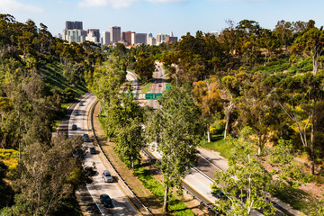 The Cabrillo Freeway (State Route 163) as it passes through Balboa Park and into the downtown area of San Diego, California.  