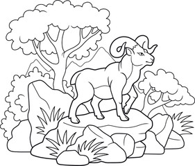 Cartoon mountain ram standing on rocks