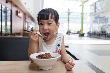 Asian little Chinese girl eating braised pork rice