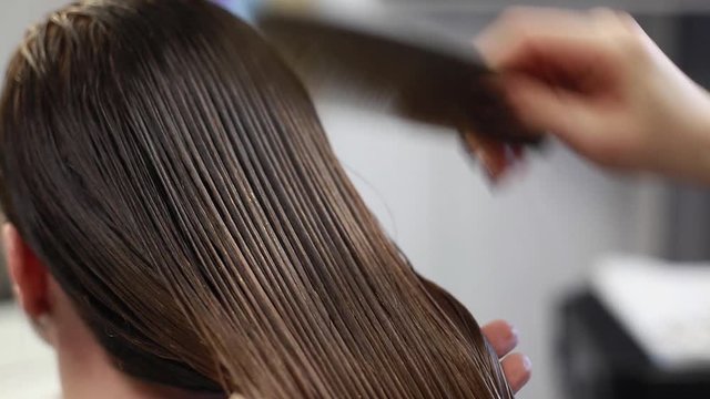 Hairdresser combs hair young women (brush, close-up)