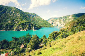 Piva Canyon in Montenegro - nature travel background. Canyon in Pluzine