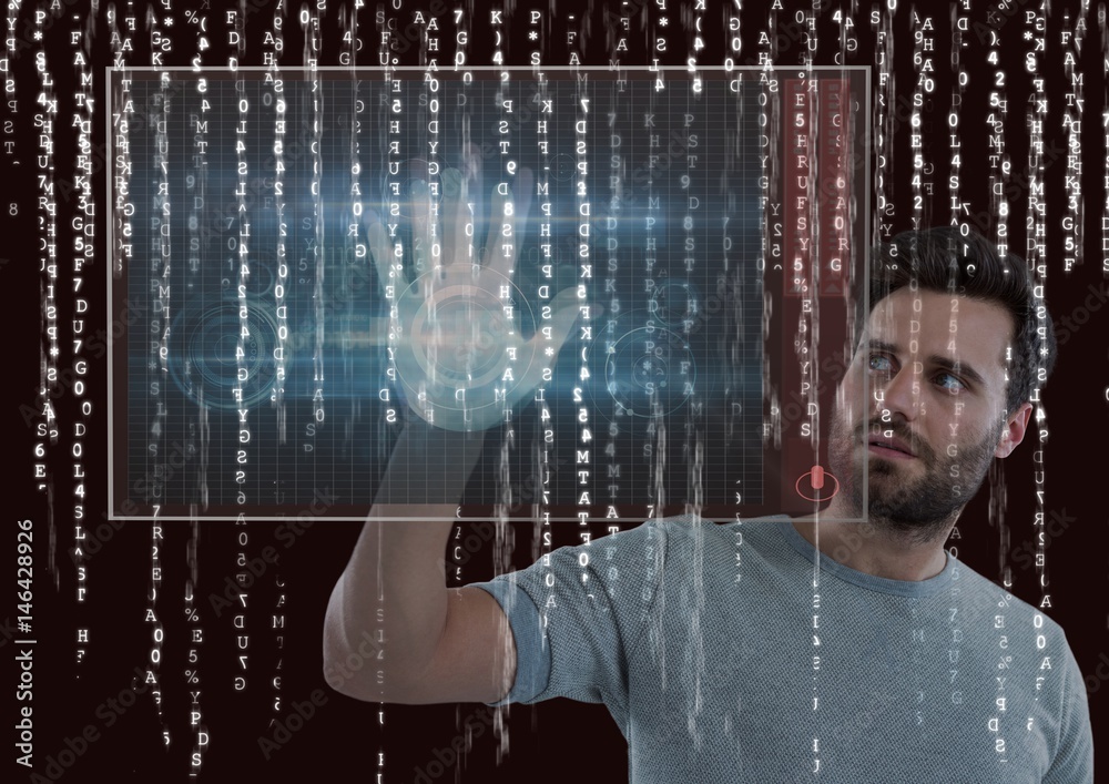 Poster hand scan on a screen and rain of binary code