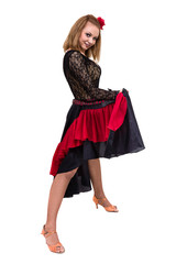 young woman dancing, isolated in full body on white