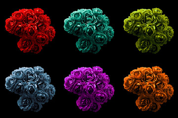 Pack of colored surreal dark chrome bushes of rose flowers macro isolated on black