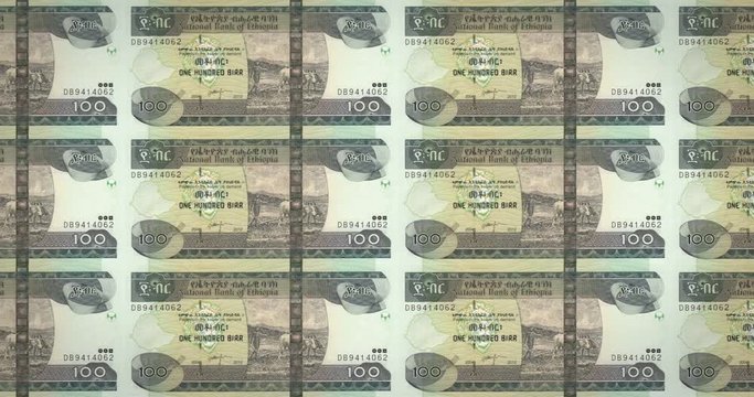 Banknotes of one hundred Ethiopian birr of Ethiopia rolling, cash money, loop