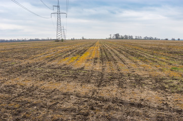 Spring agricultural landscape near Marhanets city, central Ukraine