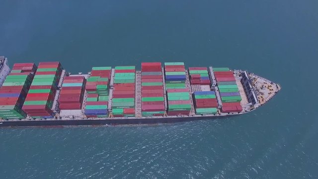Aerial footage of  a large container ship at sea