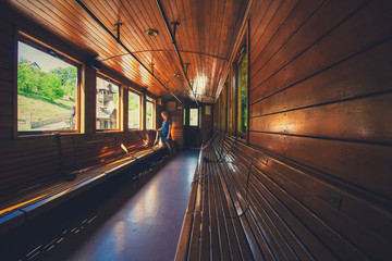 Retro wooden railway carriage at station of Serbia.