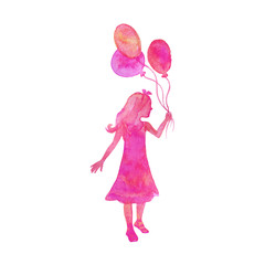 Watercolor silhouette of girl with balloons. Hand drawn abstract gradient portrait. Hand drawn children illustration on white background