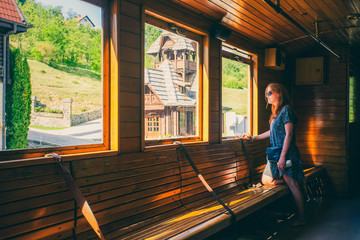 Retro wooden railway carriage at station of Serbia.