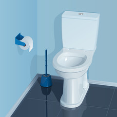 голубая туалетная комната с белым керамическим унитазом. В углу стоит стакан со щеткой для прочистки унитаза, на стене 

висит рулон туалетной бумаги в держателе.