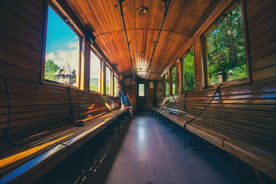 Retro wooden railway carriage at station of Serbia.