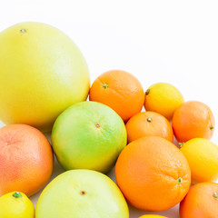 Citrus fruits on white background. Flat lay, top view. Fruit background.