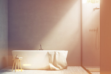 Gray bathroom with a tub, toned