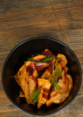 Fried Ravioli with Sauce on a wooden background. with copy space. top view