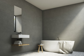 Gray bathroom with sink and tub