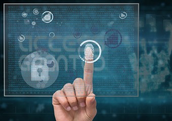 fingerprint scan in a futuristic screen, only finger