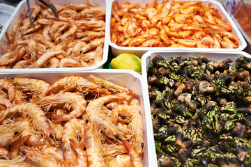 Shrimp and percebes on store