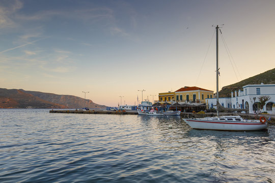 Port of Agia Marina village on Leros island in Greece early in the morning. 
