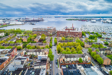 Aerial view of Canton and the Patapsco River in Baltimore, Maryland.
