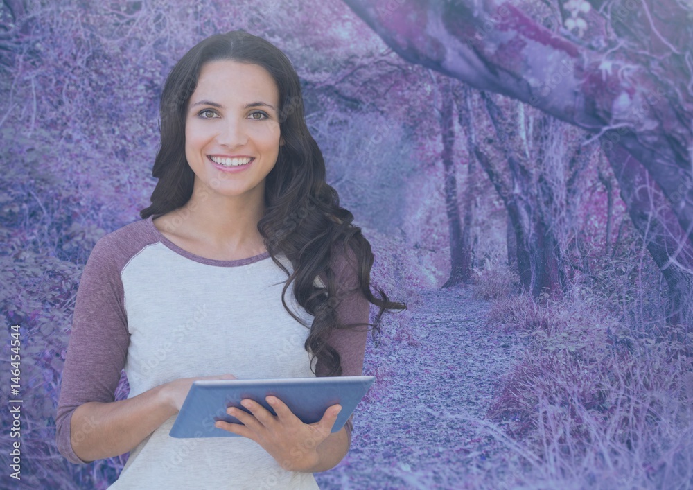 Sticker Woman on tablet with pink pink forest mysterious background