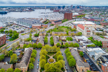 Aerial view of Canton and the harbor, in Baltimore, Maryland.
