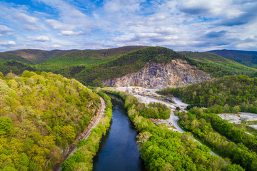 Aerial view of the James River and surrounding mountains in Buchanan, Virginia.