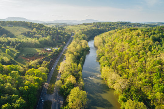 Aerial View Of The Maury River And Blue Ridge Mountains, In Buena Vista, Virginia.