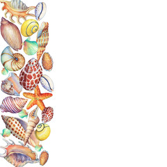 Border  with  underwater life objects. Marine design. Hand drawn watercolor painting on white background.