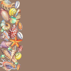 Border  with underwater life objects. Marine design. Hand drawn watercolor painting on brown background.