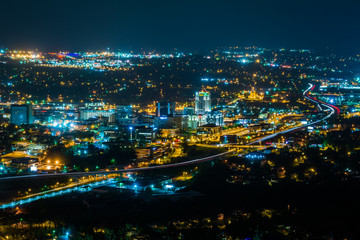 Fototapeta na wymiar View of the downtown Roanoke skyline at night, from Mill Mountain in Roanoke, Virginia.