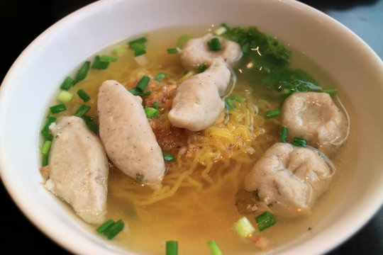 Soup egg noodle with fish balls, one of the most famous Thai street food