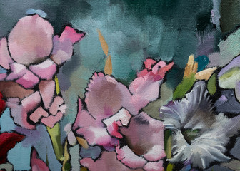 Oil painting still life with  irises flowers On  Canvas with  texture in in the grayscale