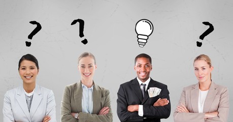 Business people with question mark and light bulb signs