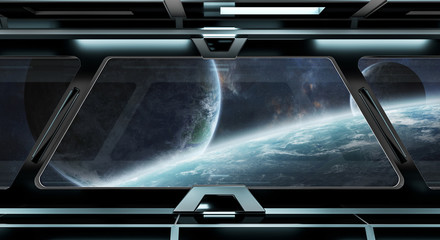 Spaceship corridor with view on distant planets system 3D rendering elements of this image furnished by NASA © sdecoret