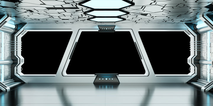 Fototapeta Spaceship blue and white interior 3D rendering
