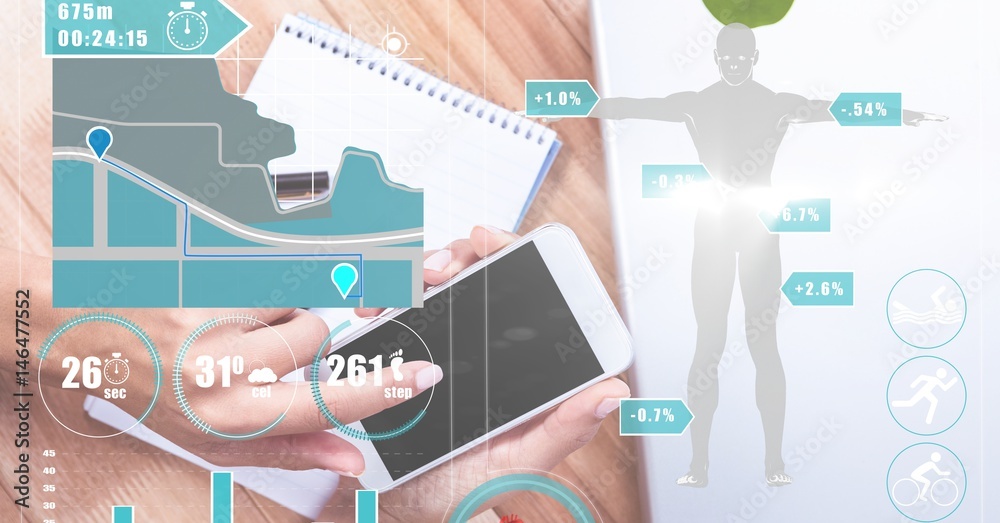 Poster hands using smart phone with graphics