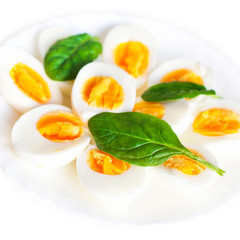 Boiled halved eggs on  plate decorated with spinach  leaves isolated on white. Healthy salad