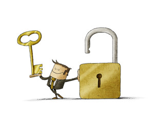 Businessman with a key  in a hand and an opend padlock. It is a metaphor to find a solution or a security metaphor. - 146483342