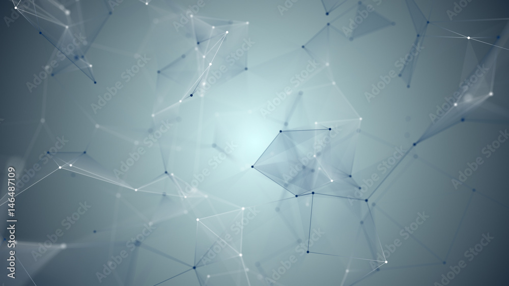 Wall mural abstract background. triangles, dots and lines are connecting with shine on blur background.