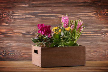 Beautiful flowers in box on wooden background